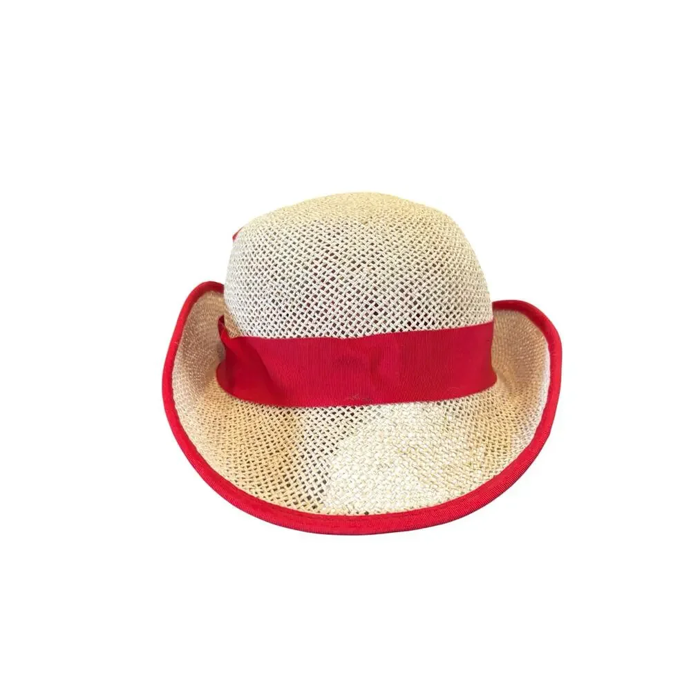 50s Red Ribbon Straw Cloche Hat Cinderella New York Picnic Rockabilly